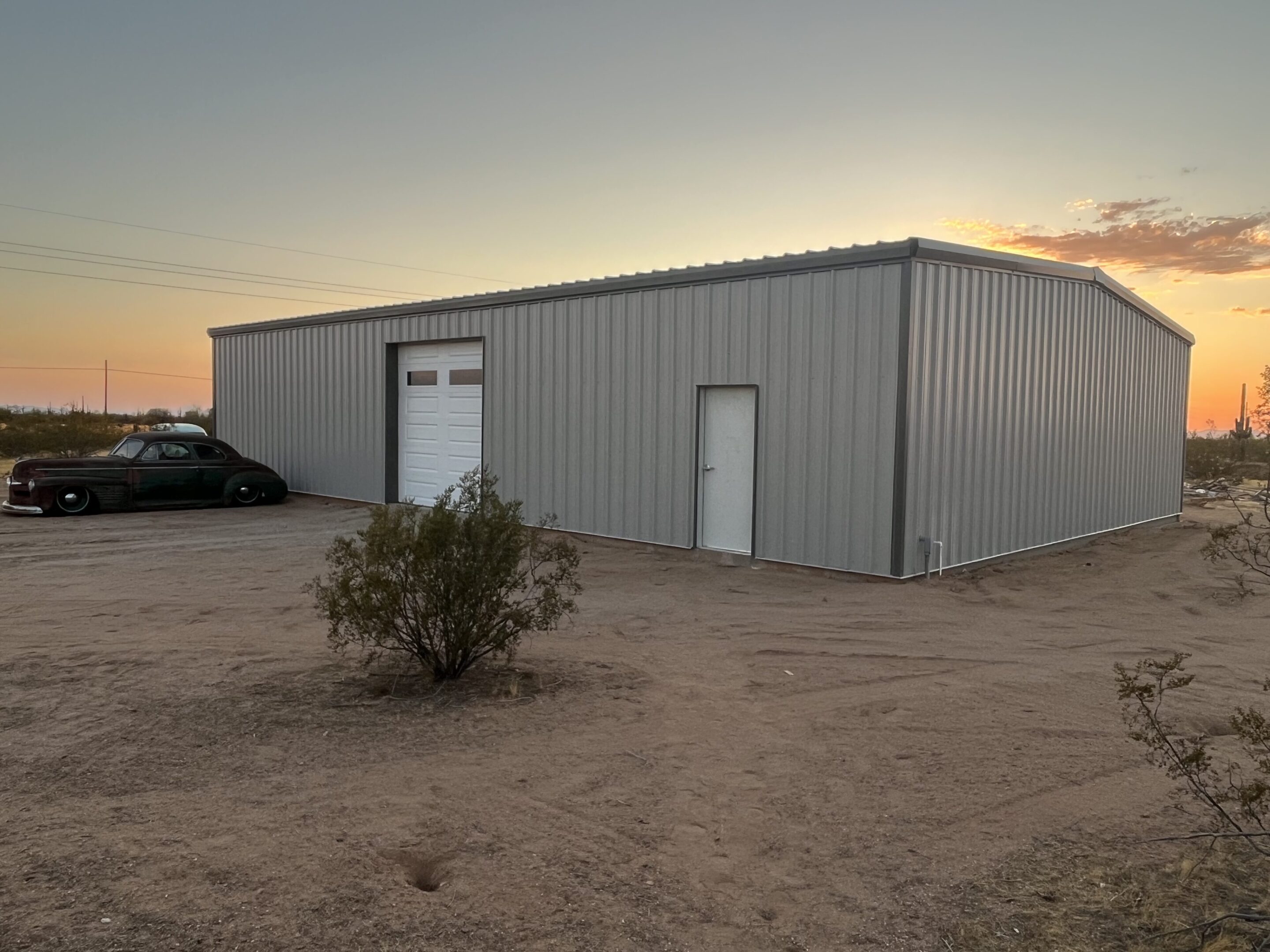 A building with two doors and a tree in the background.